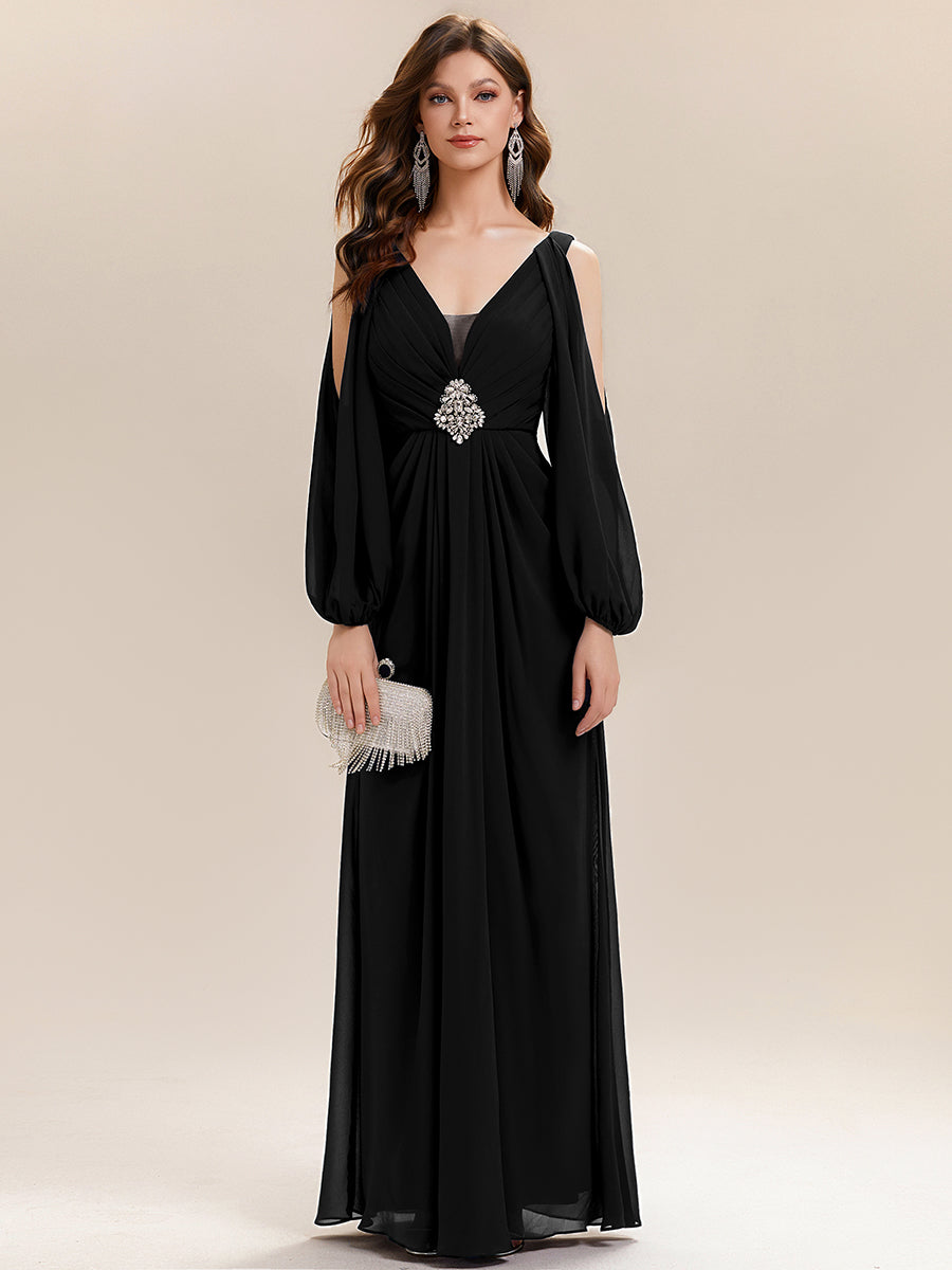 Rhinestone Embellished Chiffon Lantern Sleeve Wedding Guest Dress #color_Black