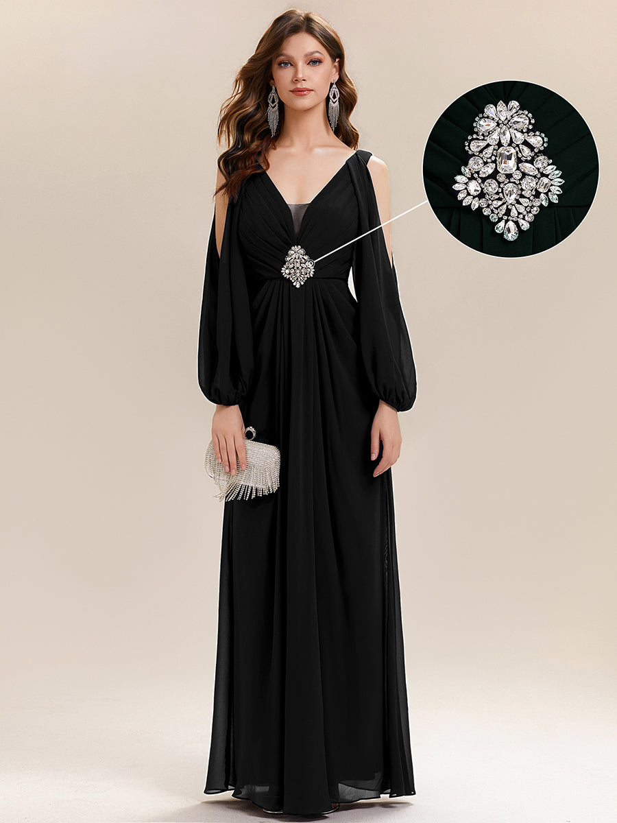 Rhinestone Embellished Chiffon Lantern Sleeve Wedding Guest Dress #color_Black