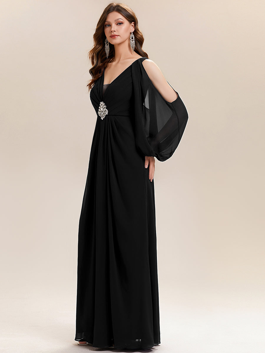 Rhinestone Embellished Chiffon Lantern Sleeve Wedding Guest Dress #color_Black
