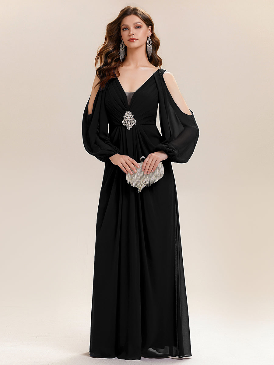 Rhinestone Embellished Chiffon Lantern Sleeve Wedding Guest Dress #color_Black