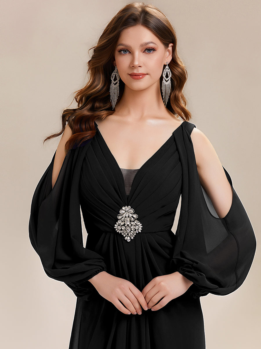 Rhinestone Embellished Chiffon Lantern Sleeve Wedding Guest Dress #color_Black