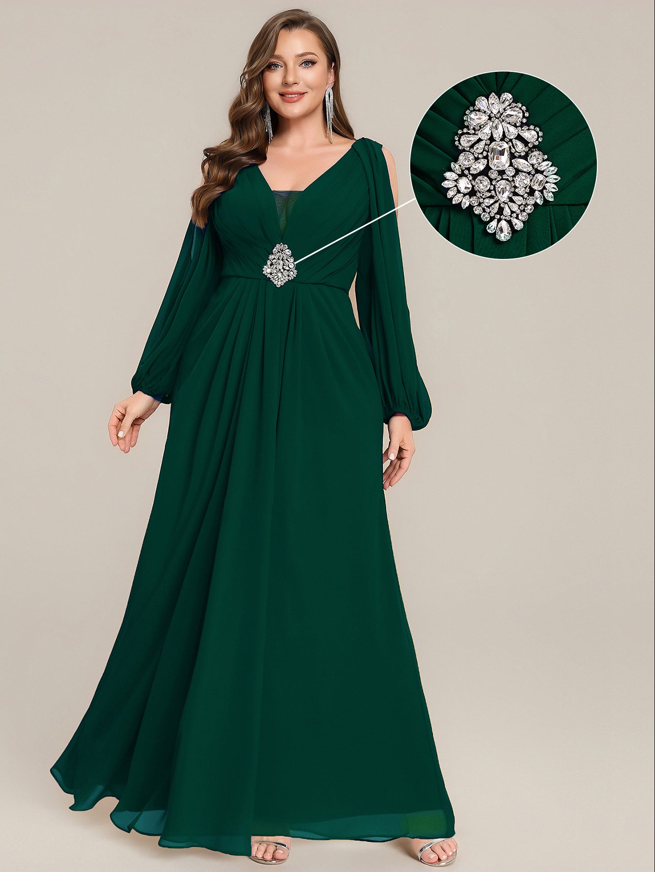 Rhinestone Embellished Chiffon Lantern Sleeve Wedding Guest Dress #color_Dark Green