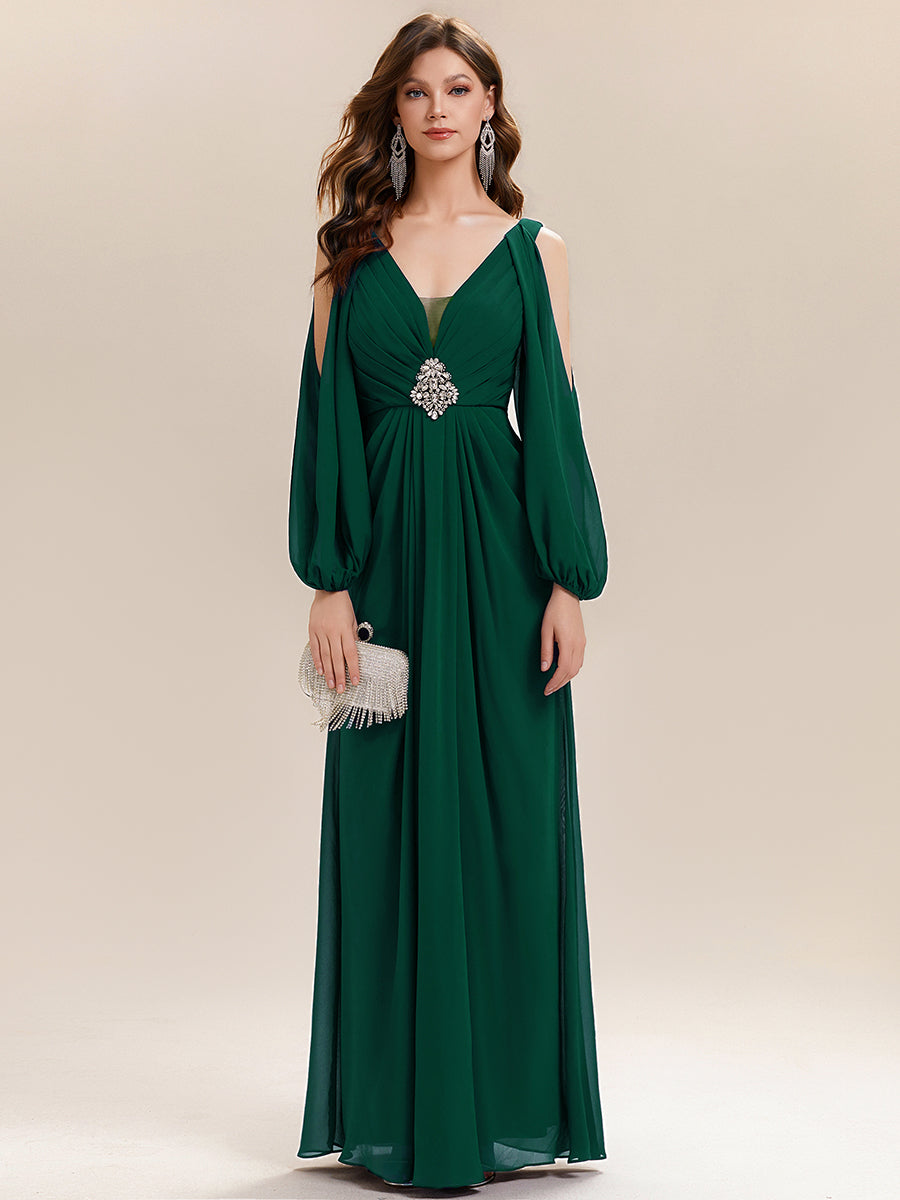 Rhinestone Embellished Chiffon Lantern Sleeve Wedding Guest Dress #color_Dark Green