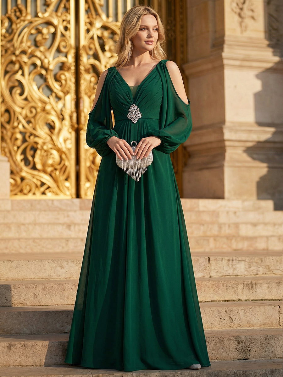 Rhinestone Embellished Chiffon Lantern Sleeve Wedding Guest Dress #color_Dark Green