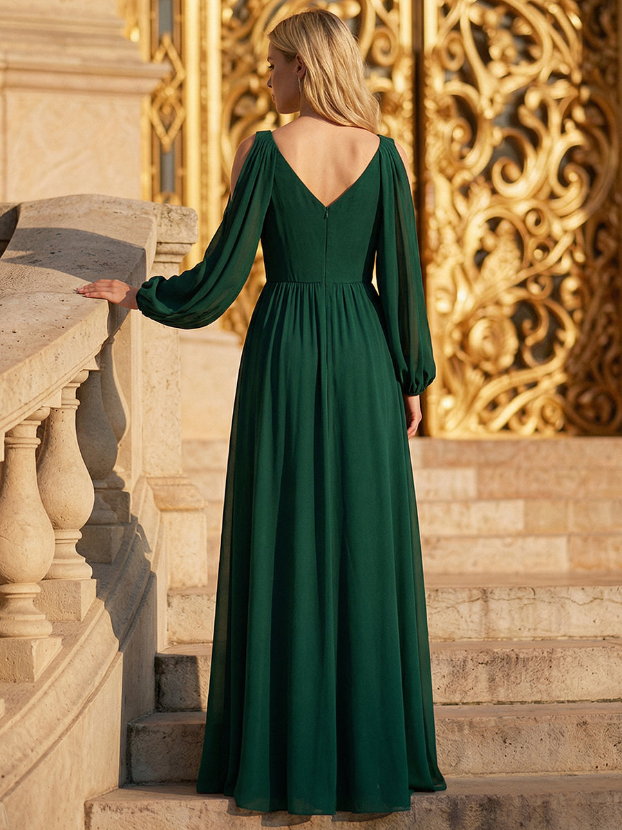 Rhinestone Embellished Chiffon Lantern Sleeve Wedding Guest Dress #color_Dark Green