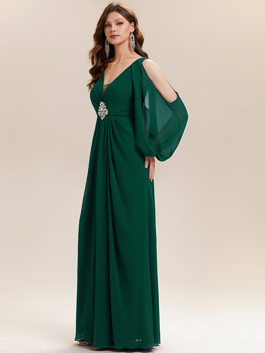 Rhinestone Embellished Chiffon Lantern Sleeve Wedding Guest Dress #color_Dark Green