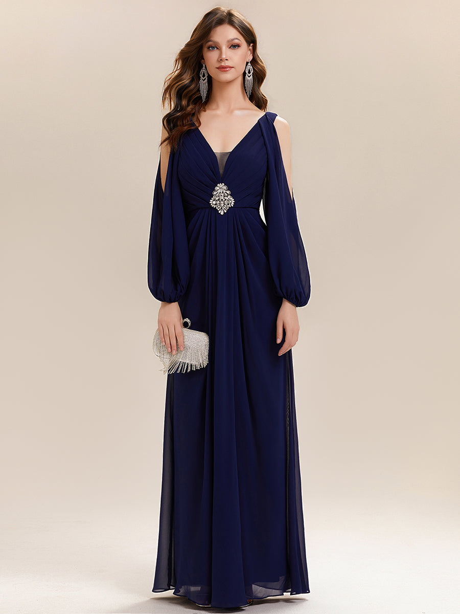 Rhinestone Embellished Chiffon Lantern Sleeve Wedding Guest Dress #color_Navy Blue
