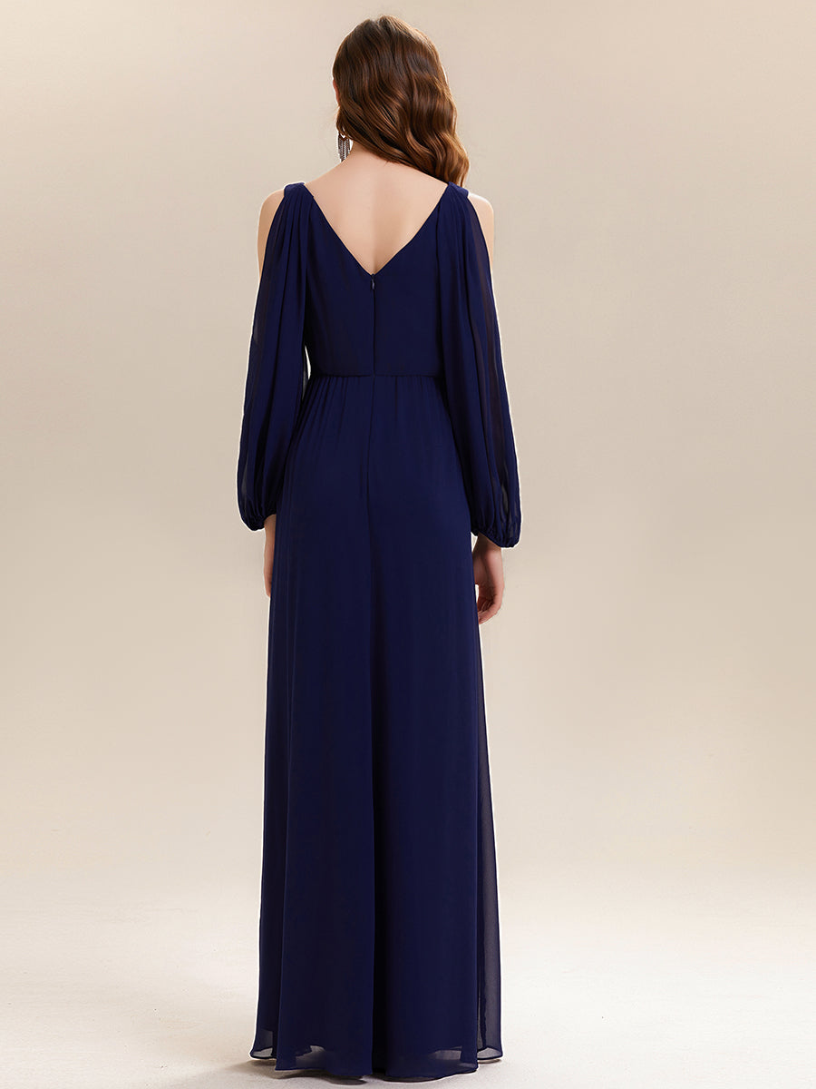 Rhinestone Embellished Chiffon Lantern Sleeve Wedding Guest Dress #color_Navy Blue