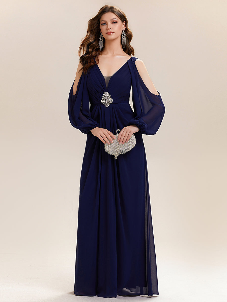 Rhinestone Embellished Chiffon Lantern Sleeve Wedding Guest Dress #color_Navy Blue