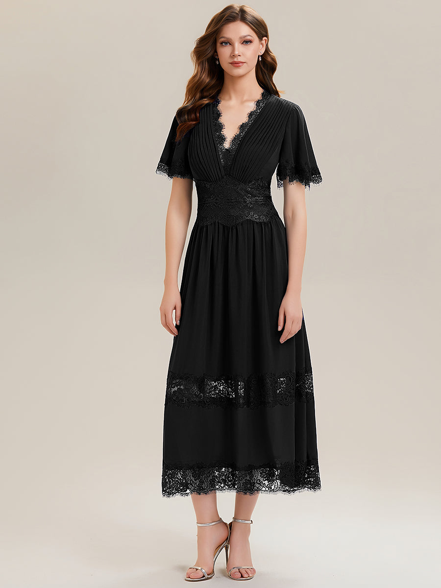 Cut-Out Detail Chiffon Ruffle Sleeve Wedding Guest Dress #color_Black