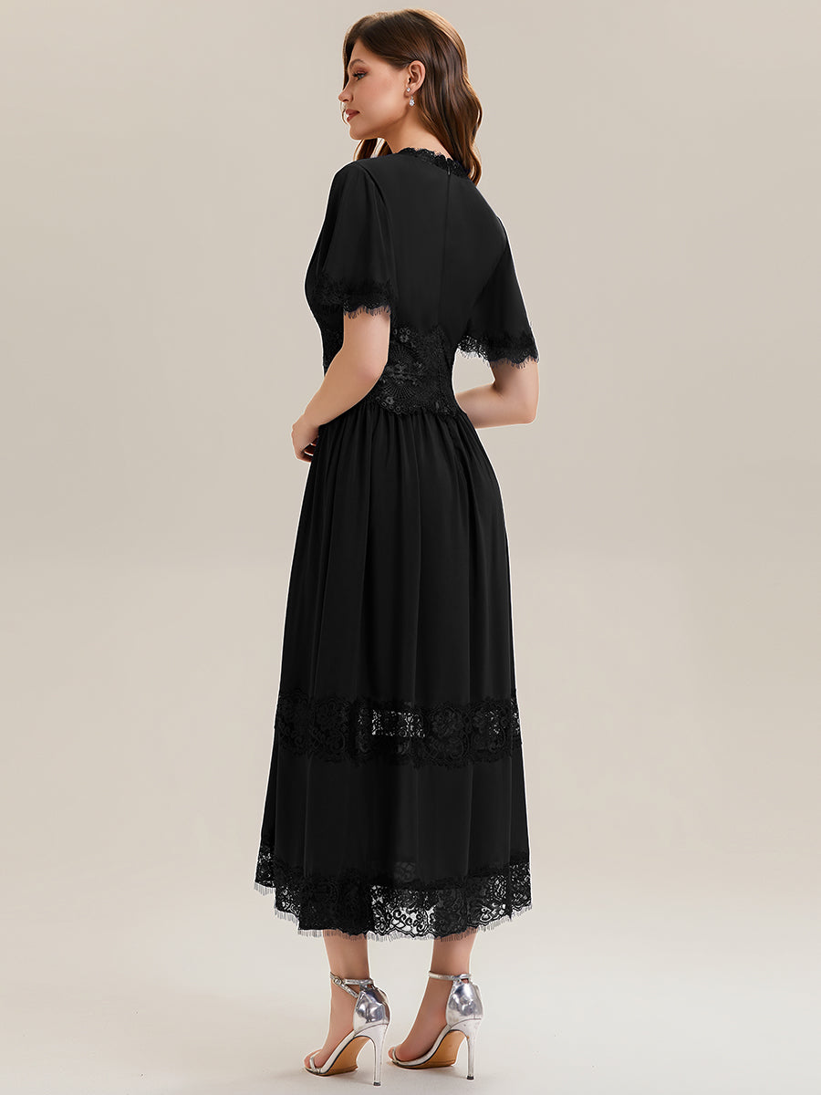 Cut-Out Detail Chiffon Ruffle Sleeve Wedding Guest Dress #color_Black