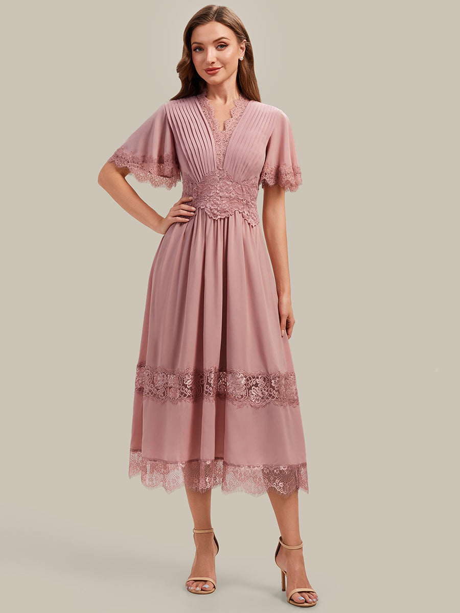 Cut-Out Detail Chiffon Ruffle Sleeve Wedding Guest Dress #color_Dusty Rose