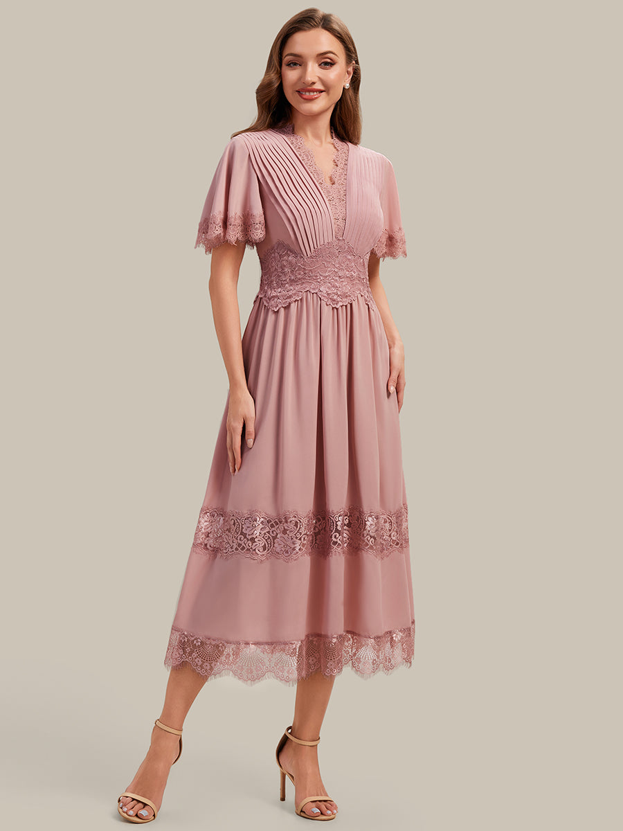 Cut-Out Detail Chiffon Ruffle Sleeve Wedding Guest Dress #color_Dusty Rose