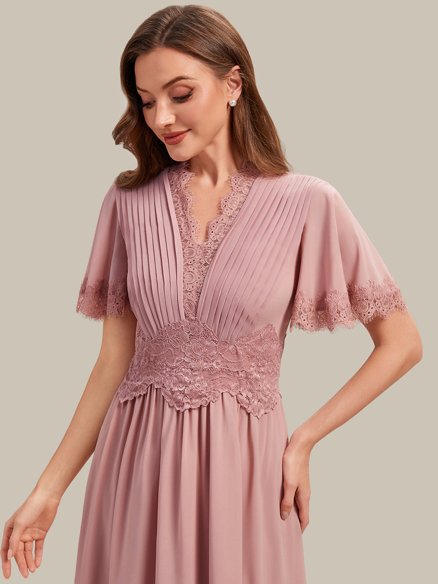 Cut-Out Detail Chiffon Ruffle Sleeve Wedding Guest Dress #color_Dusty Rose