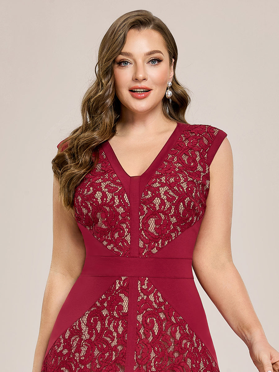 Plus Size See-through Lace Sleeveless Wedding Guest Dress #color_Dark Red