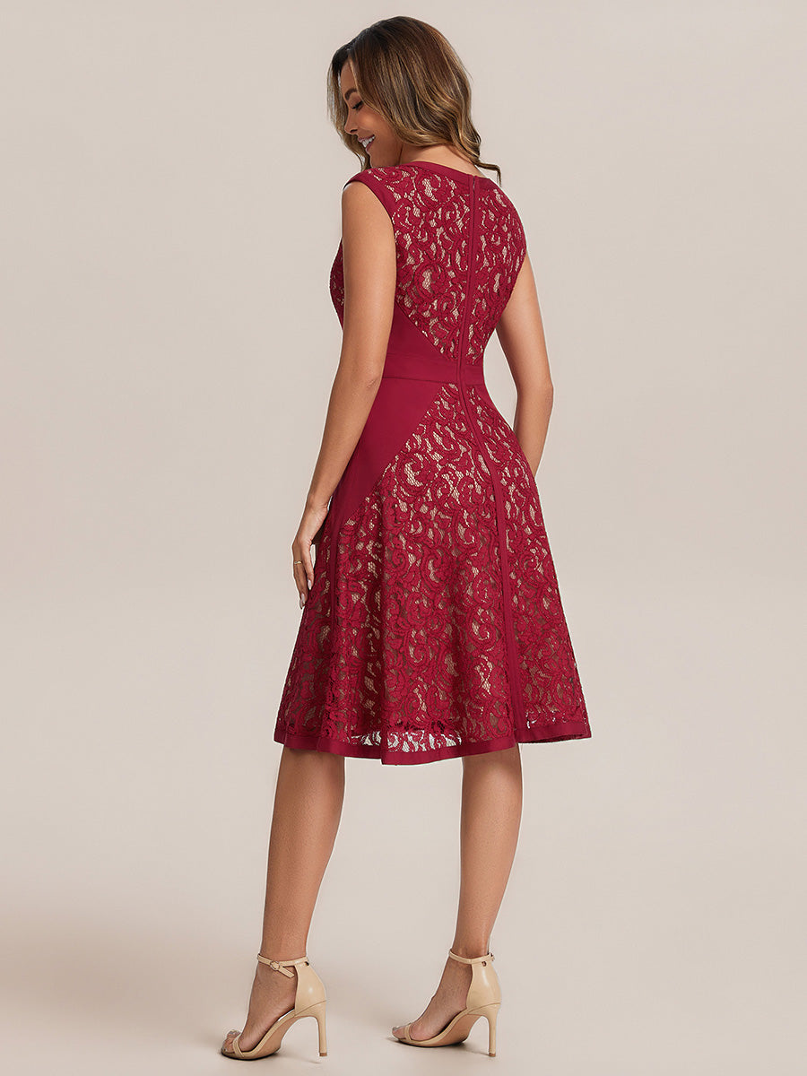 See-through Lace Sleeveless Wedding Guest Dress #color_Dark Red