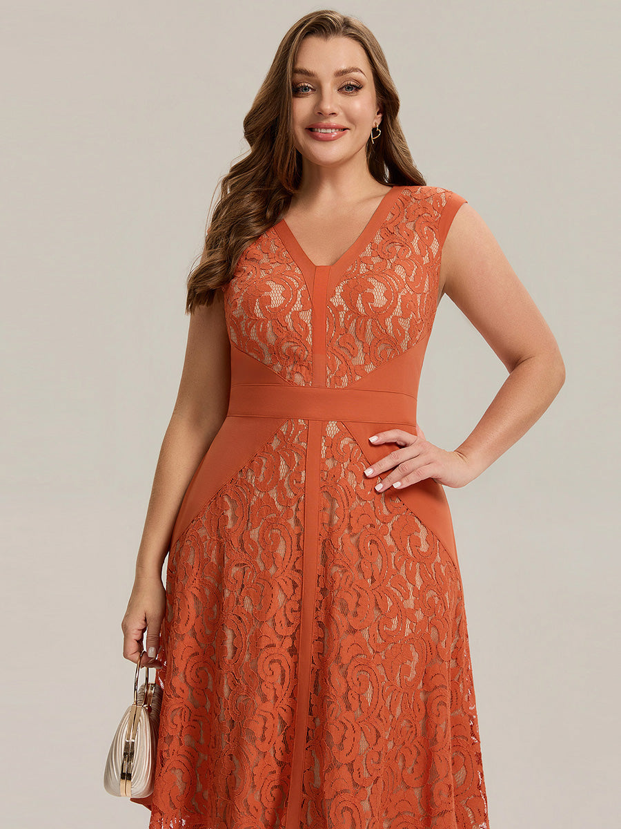 Plus Size See-through Lace Sleeveless Wedding Guest Dress #color_Burnt Orange