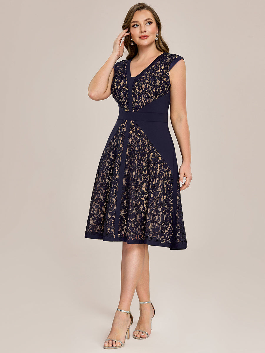 Plus Size See-through Lace Sleeveless Wedding Guest Dress #color_Navy Blue