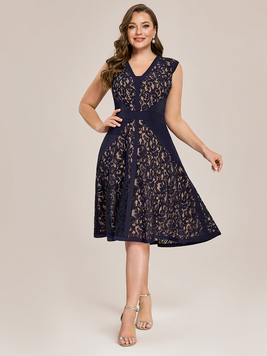See-through Lace Sleeveless Wedding Guest Dress #color_Navy Blue