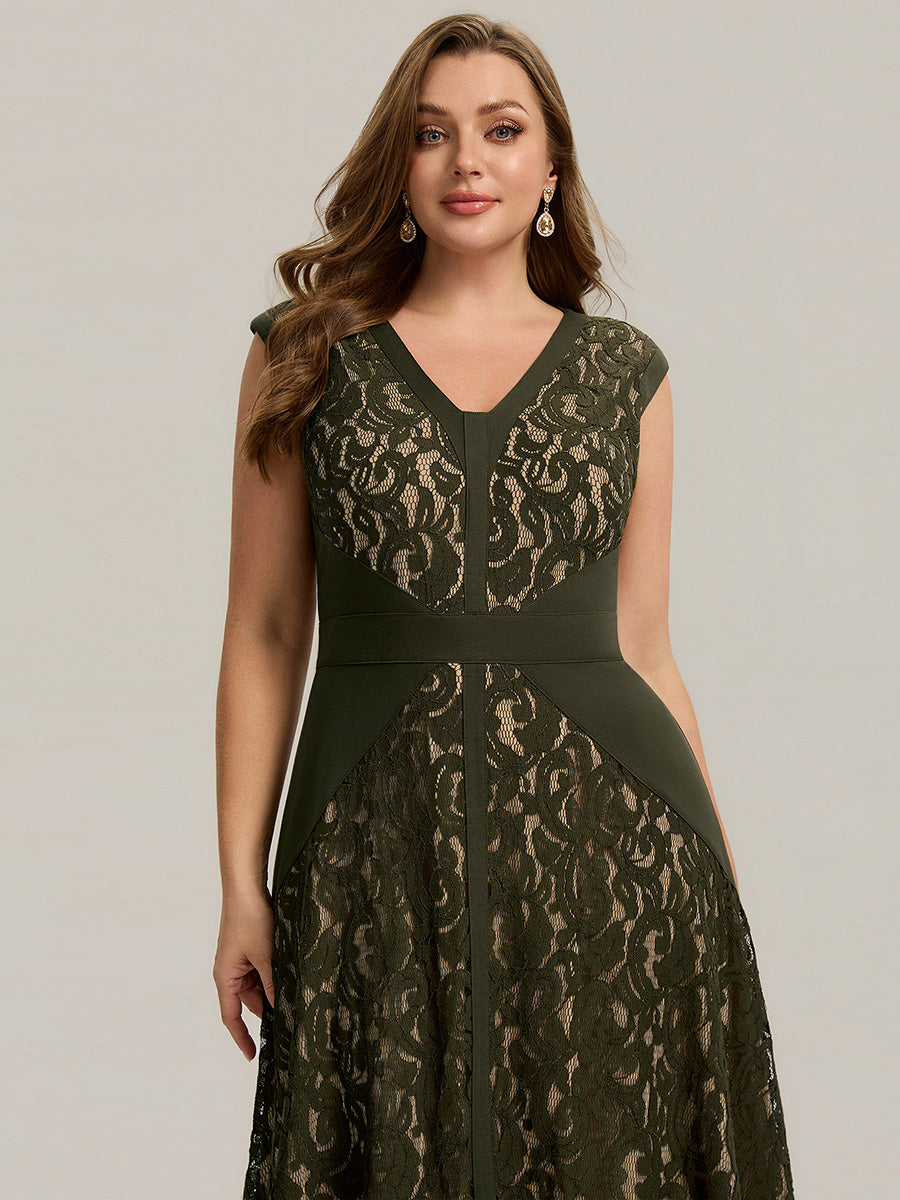 Plus Size See-through Lace Sleeveless Wedding Guest Dress #color_Olive Green
