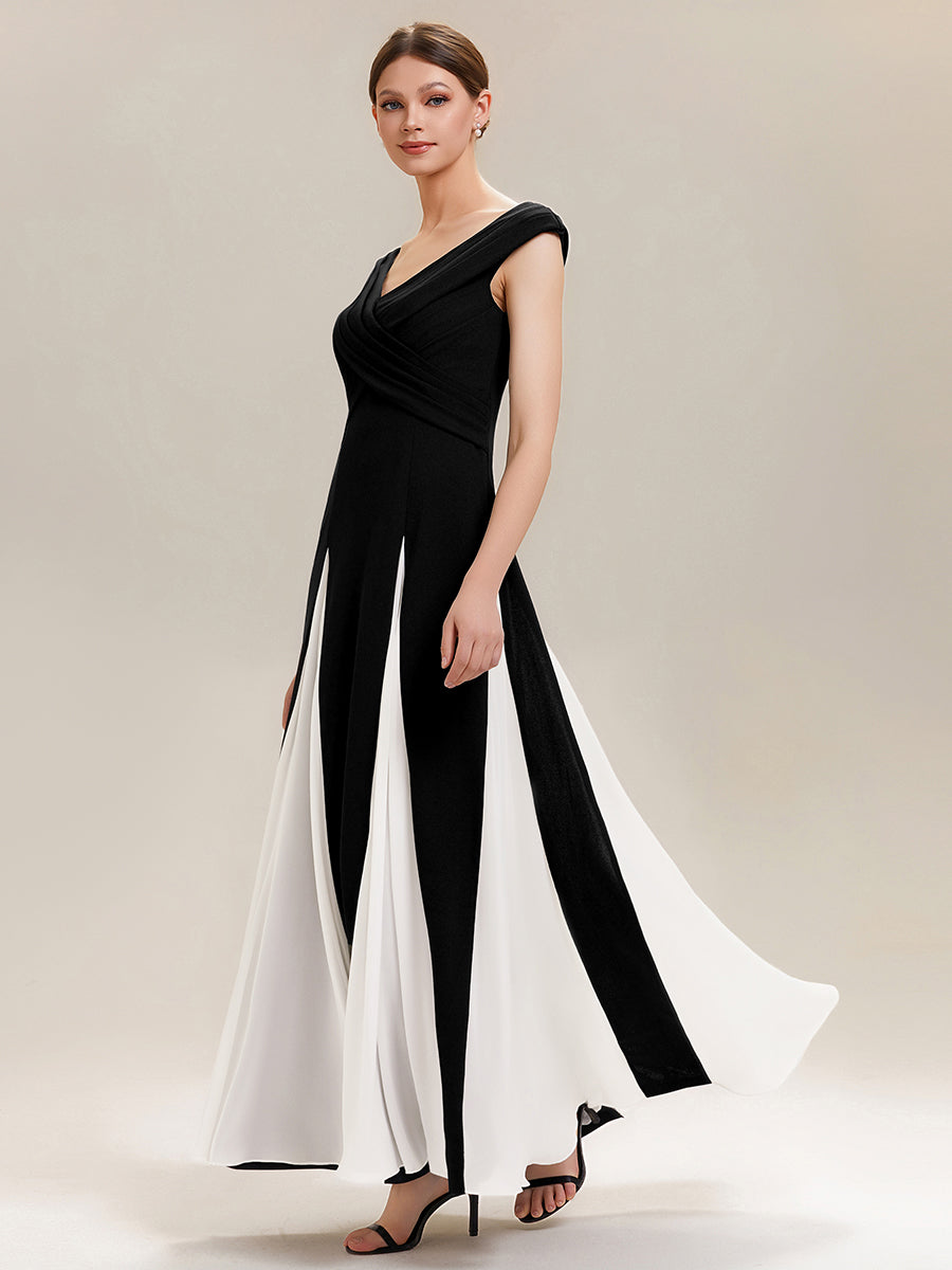 Elegant Design Knit Cap Sleeve Semi Formal Dress #color_Ivory-Black