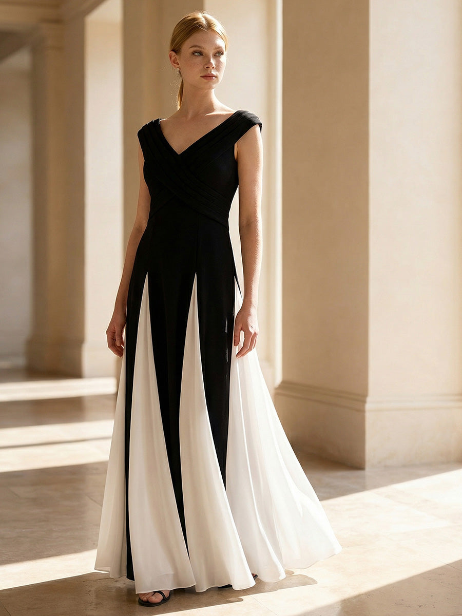 Elegant Design Knit Cap Sleeve Semi Formal Dress #color_Ivory-Black