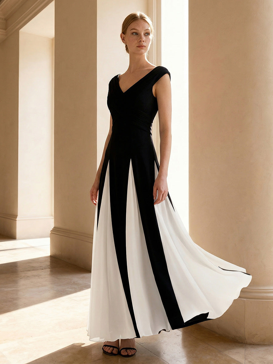 Elegant Design Knit Cap Sleeve Semi Formal Dress #color_Ivory-Black