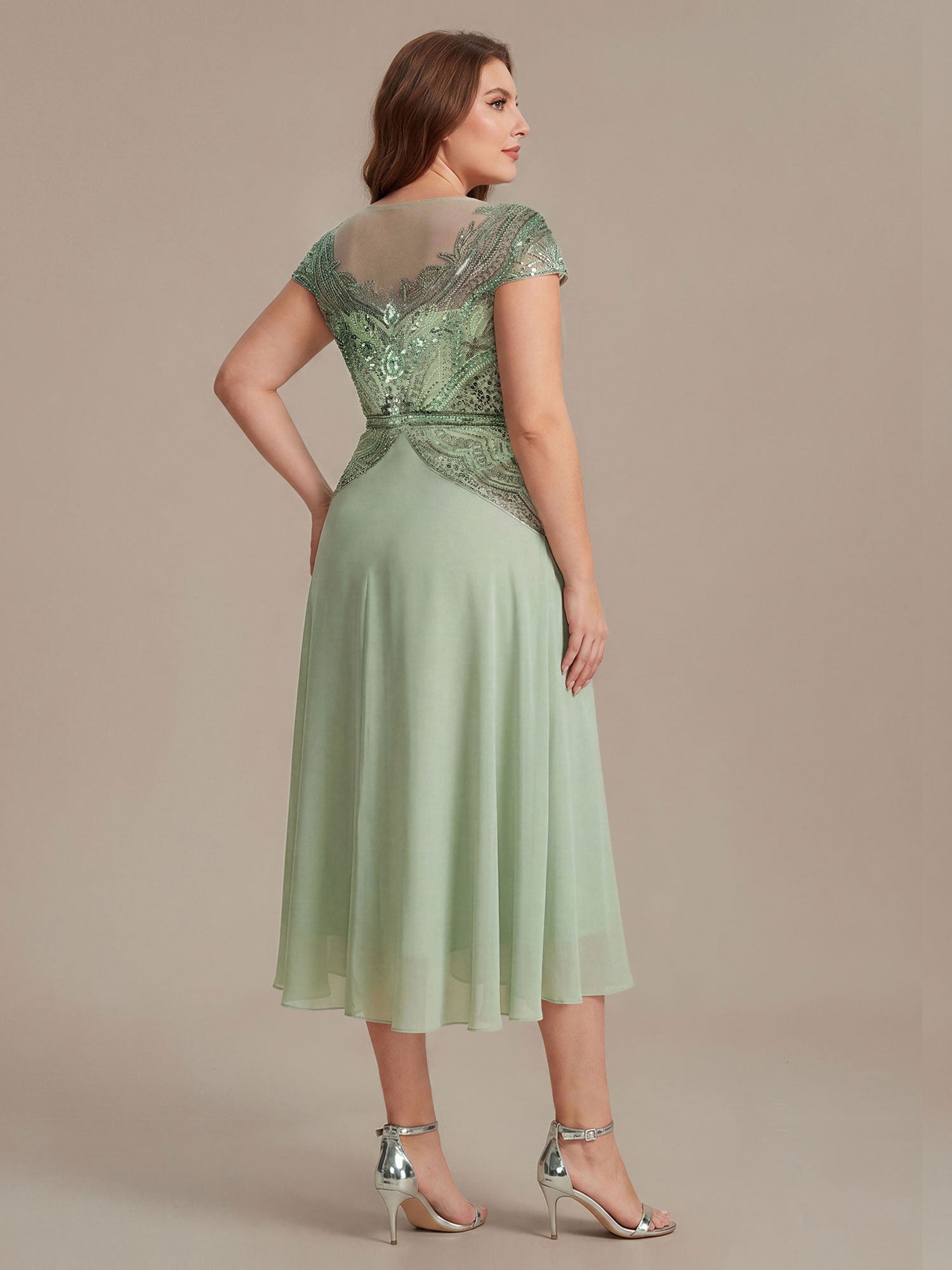 See-Through Beaded Sheath Round Neck Wedding Guest Dress #color_Mint Green