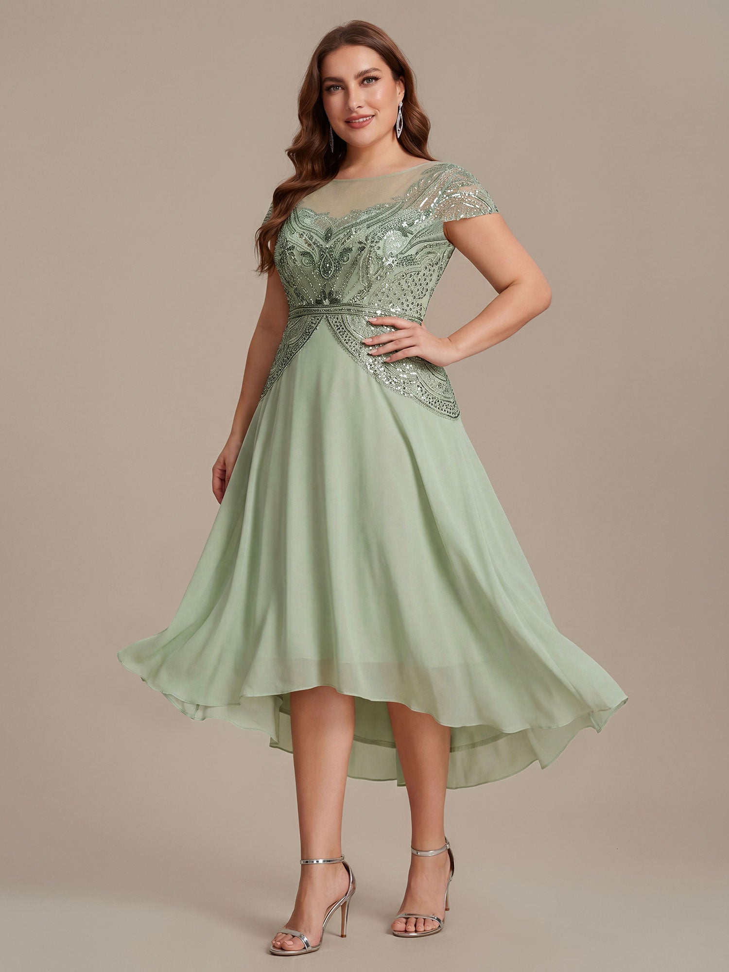 See-Through Beaded Sheath Round Neck Wedding Guest Dress #color_Mint Green