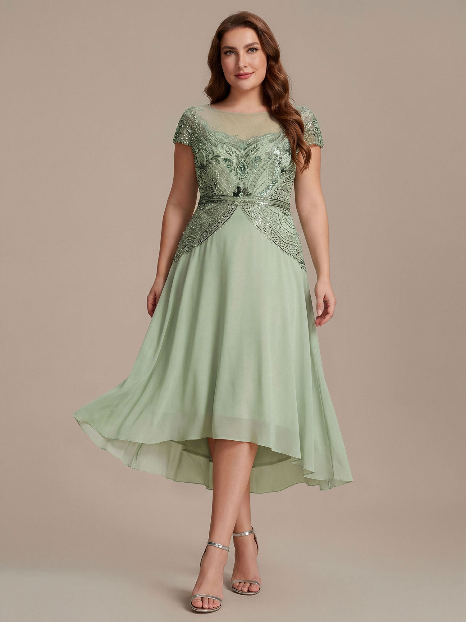 See-Through Beaded Sheath Round Neck Wedding Guest Dress #color_Mint Green