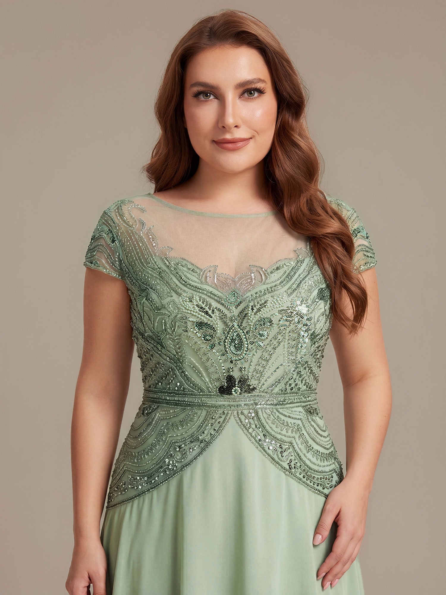 See-Through Beaded Sheath Round Neck Wedding Guest Dress #color_Mint Green