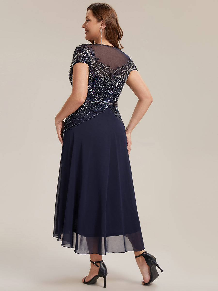 See-Through Beaded Sheath Round Neck Wedding Guest Dress #color_Navy Blue
