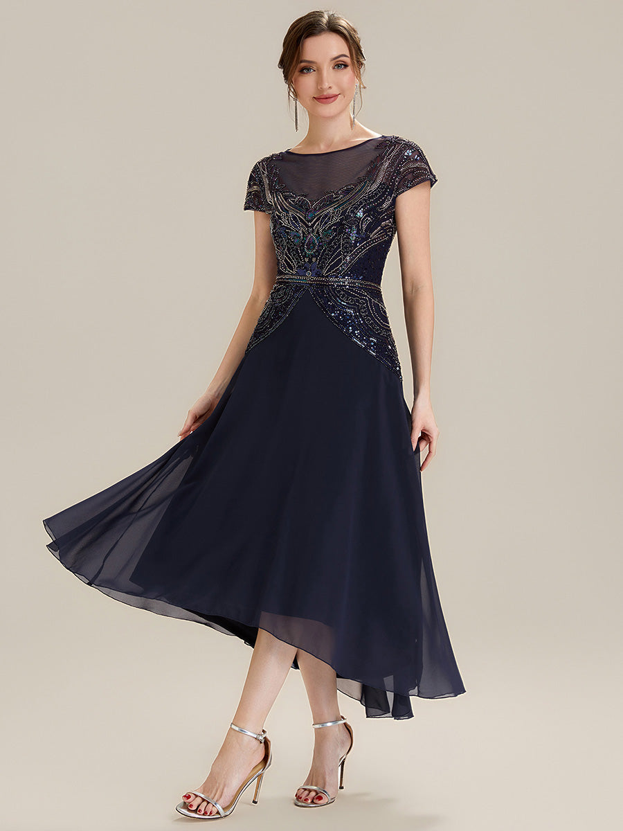 See-Through Beaded Sheath Round Neck Wedding Guest Dress #color_Navy Blue