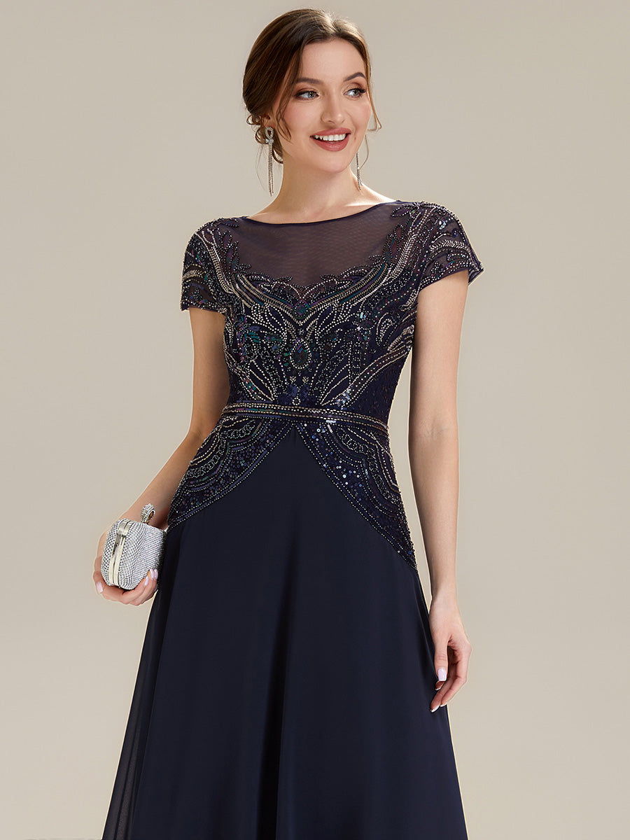 See-Through Beaded Sheath Round Neck Wedding Guest Dress #color_Navy Blue