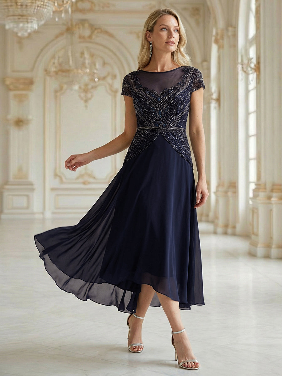 See-Through Beaded Sheath Round Neck Wedding Guest Dress #color_Navy Blue