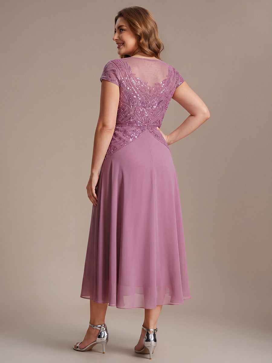 See-Through Beaded Sheath Round Neck Wedding Guest Dress #color_Purple Orchid