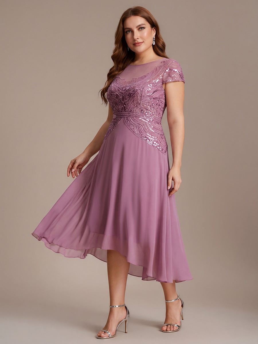 See-Through Beaded Sheath Round Neck Wedding Guest Dress #color_Purple Orchid