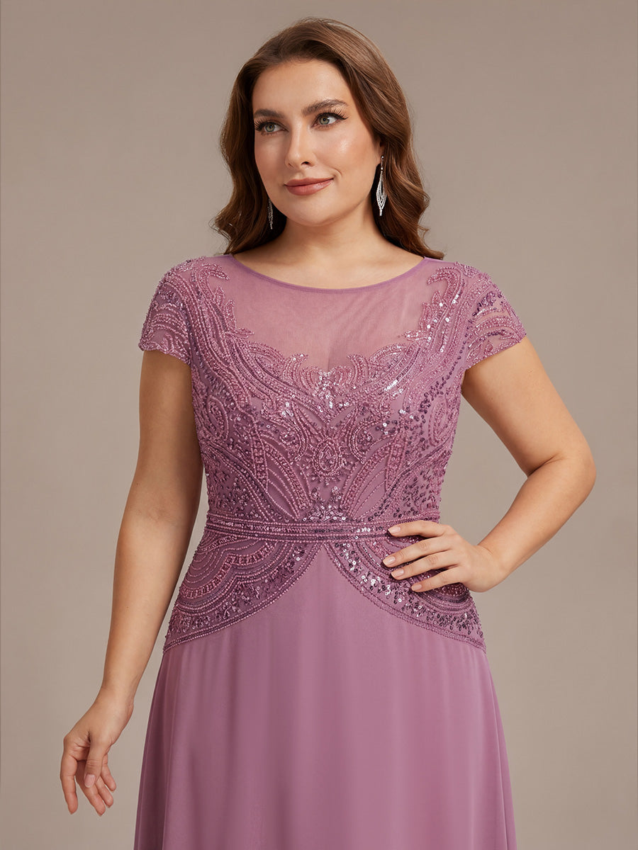 See-Through Beaded Sheath Round Neck Wedding Guest Dress #color_Purple Orchid