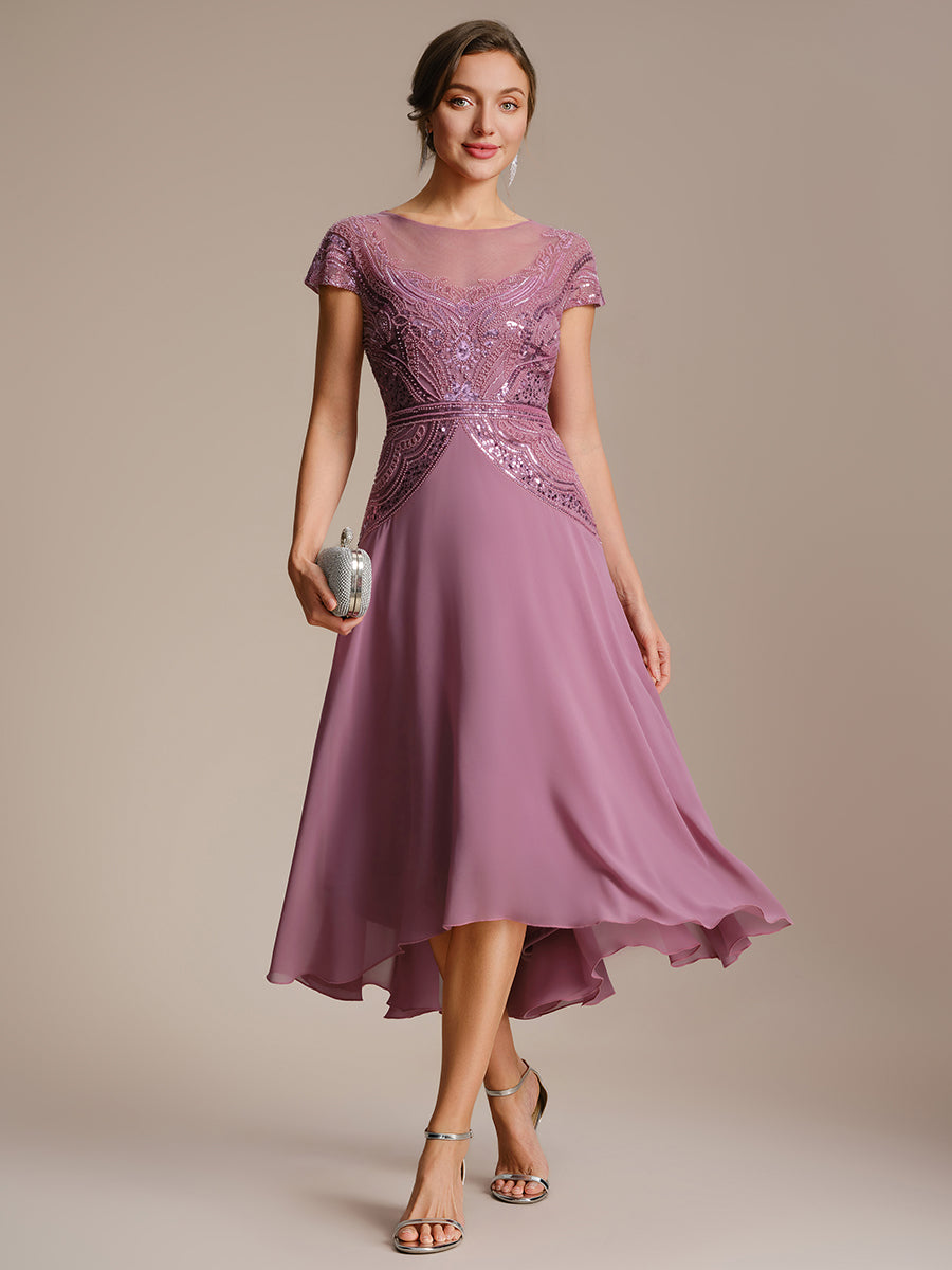 See-Through Beaded Sheath Round Neck Wedding Guest Dress #color_Purple Orchid