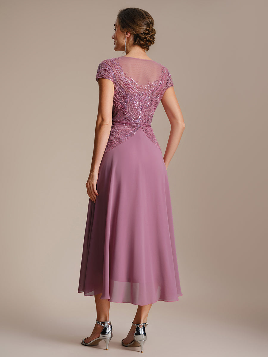 See-Through Beaded Sheath Round Neck Wedding Guest Dress #color_Purple Orchid