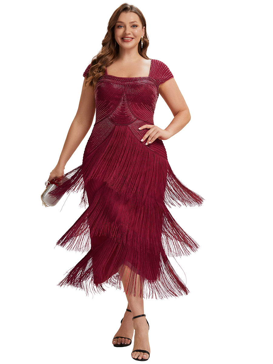 Sequin Sleeveless fringe cocktail dress #color_Burgundy