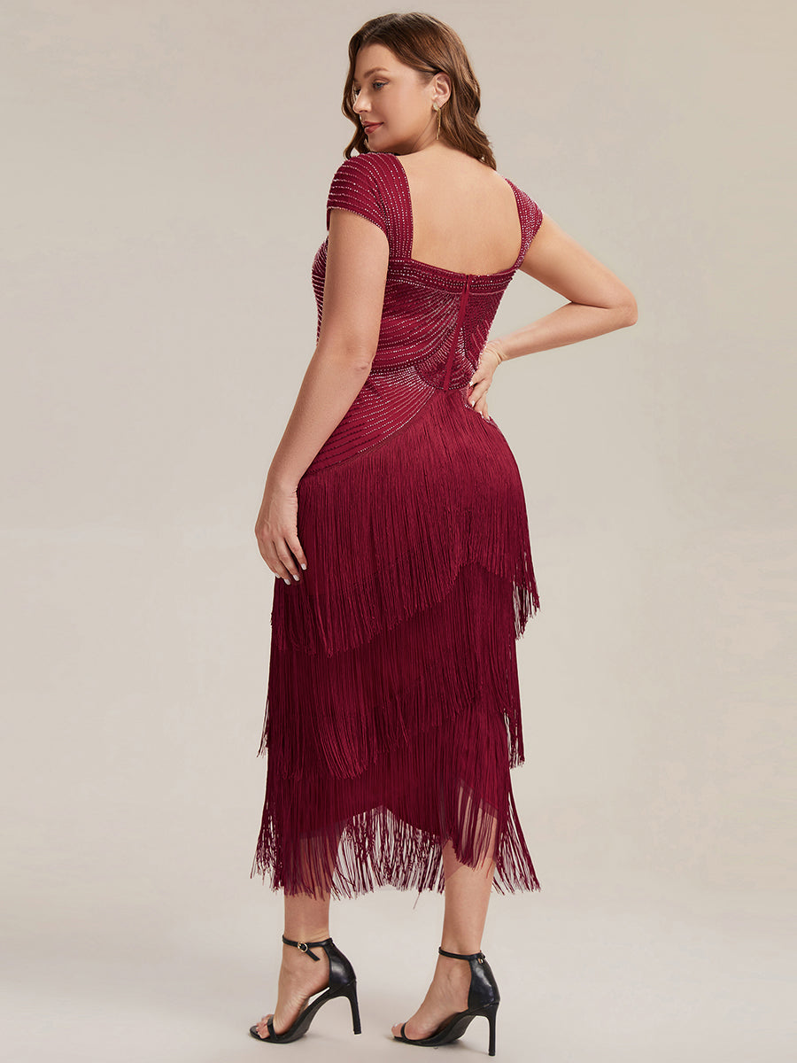 Sequin Sleeveless fringe cocktail dress #color_Burgundy