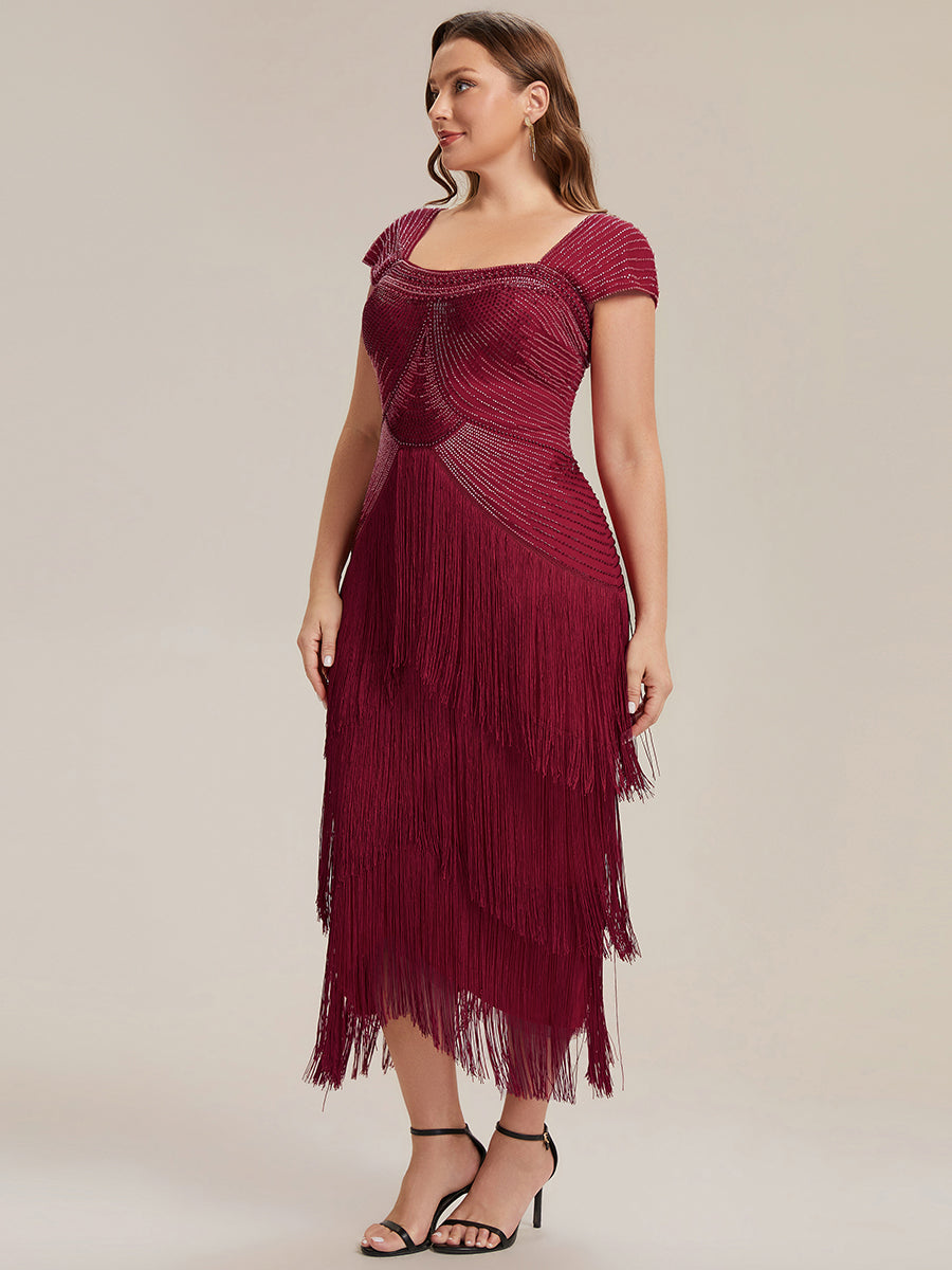 Sequin Sleeveless fringe cocktail dress #color_Burgundy