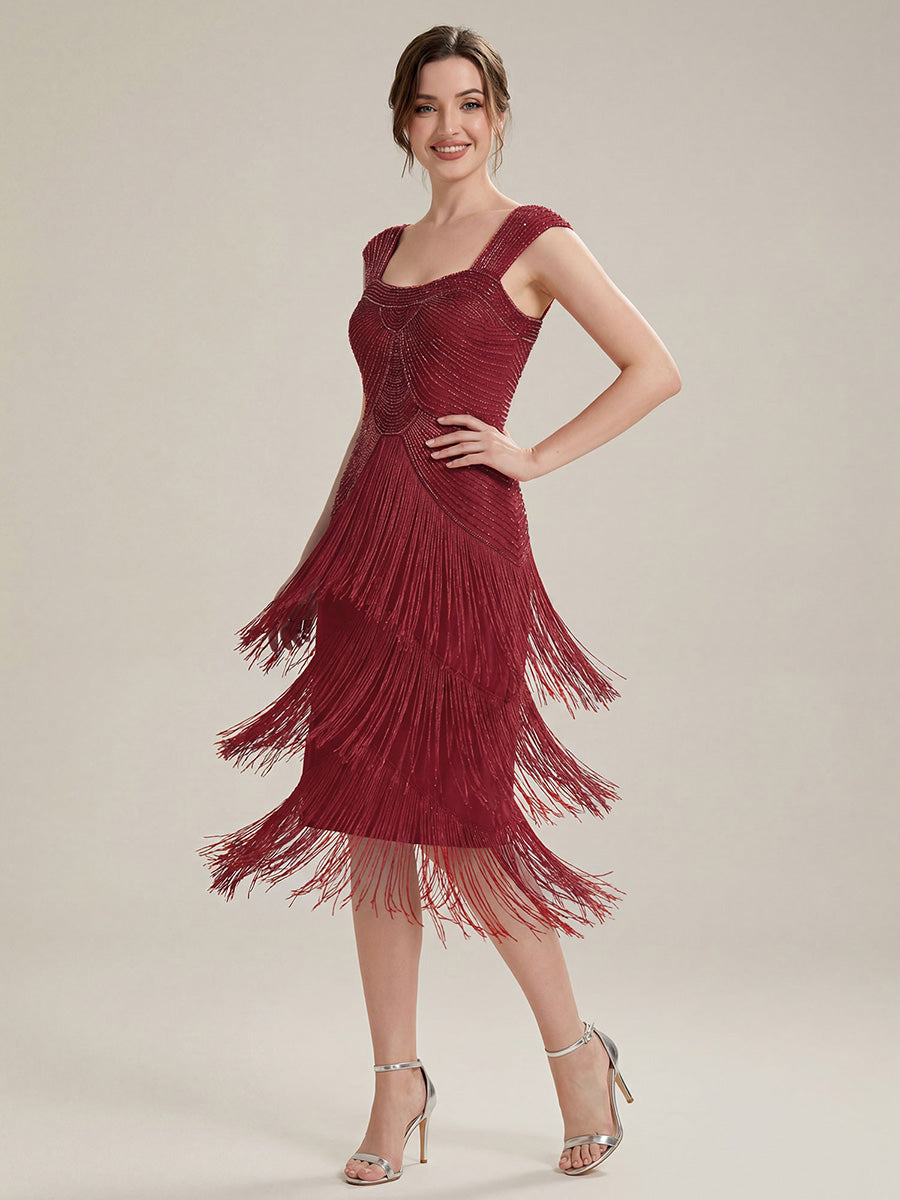 Sequin Sleeveless fringe cocktail dress #color_Burgundy