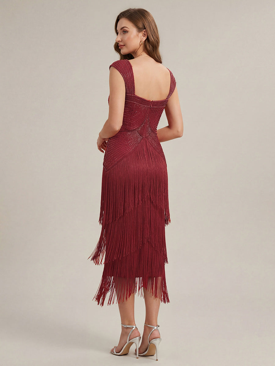 Sequin Sleeveless fringe cocktail dress #color_Burgundy
