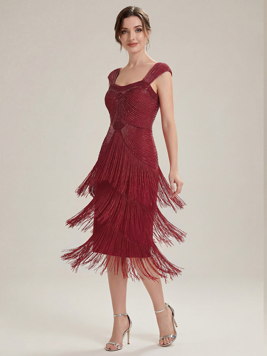 Sequin Sleeveless fringe cocktail dress #color_Burgundy