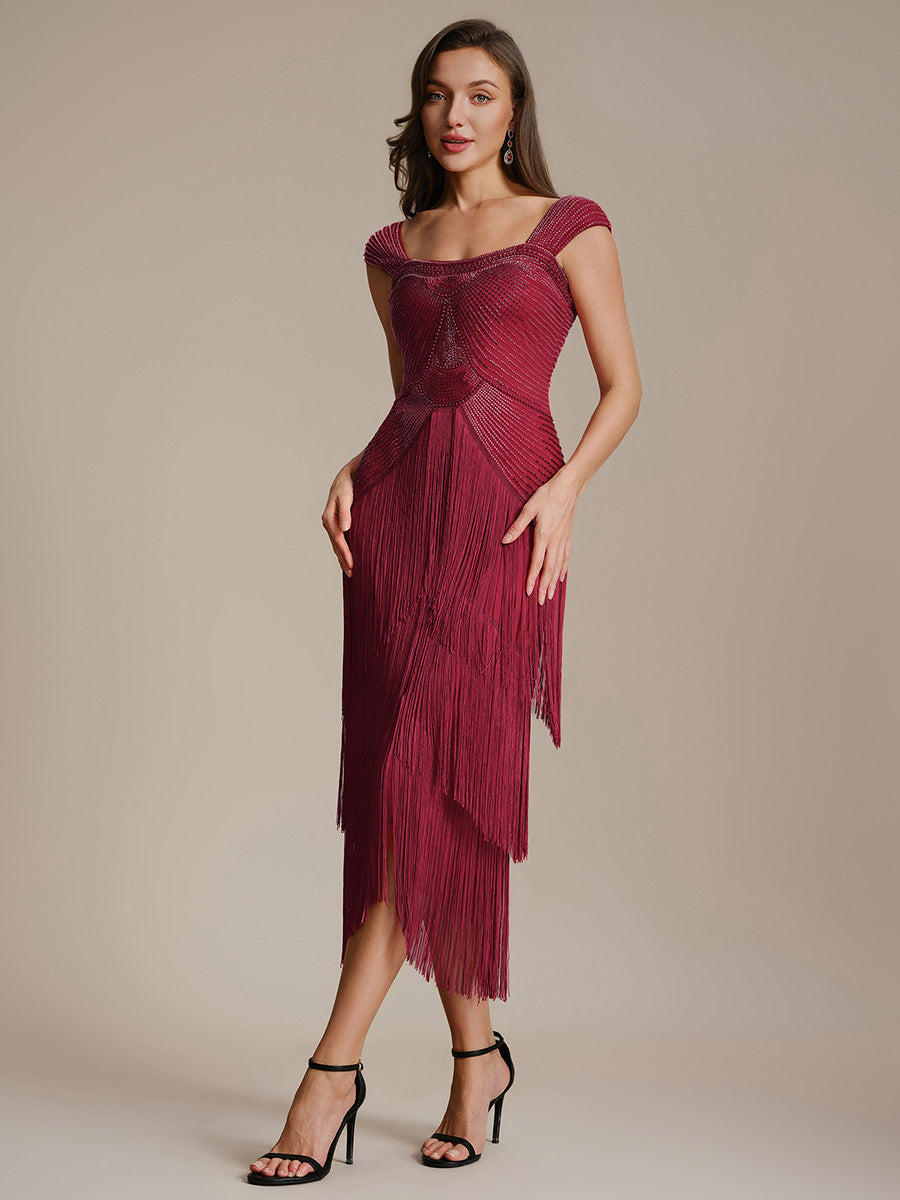 Sequin Sleeveless fringe cocktail dress #color_Burgundy