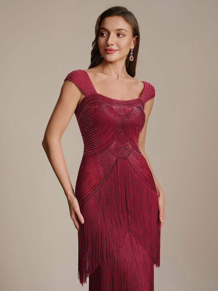 Sequin Sleeveless fringe cocktail dress #color_Burgundy