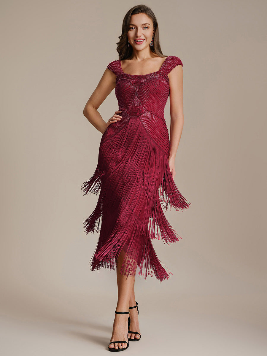 Sequin Sleeveless fringe cocktail dress #color_Burgundy