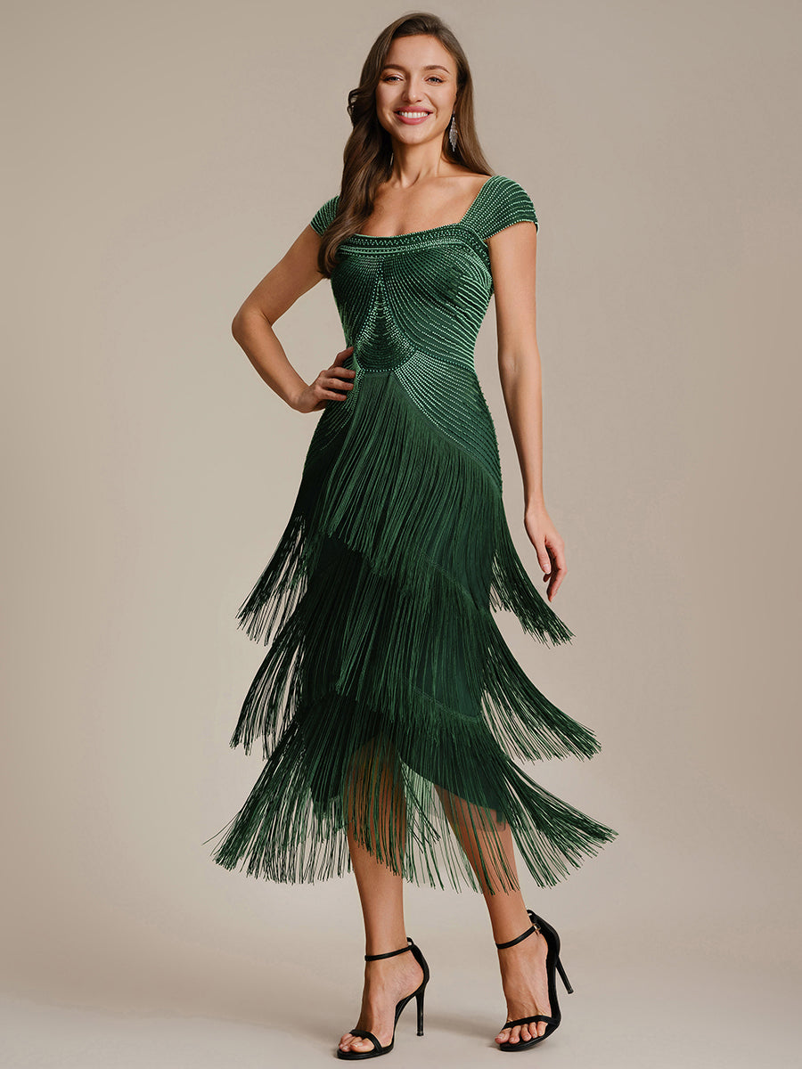 Sequin Sleeveless fringe cocktail dress #color_Dark Green